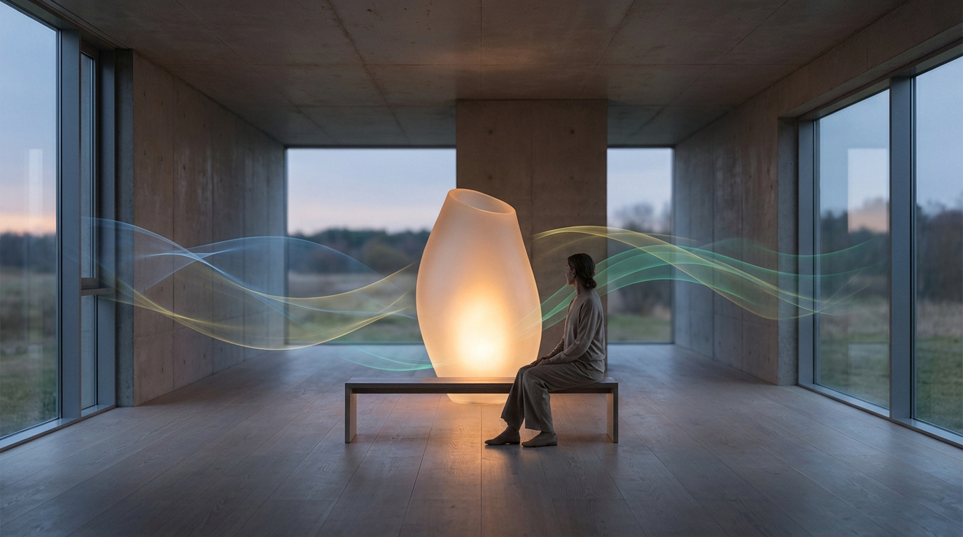 Une femme assise sur un banc, regardant une lampe ovale lumineuse dans une salle minimaliste. Des ondes abstraites colorées traversent l'espace.