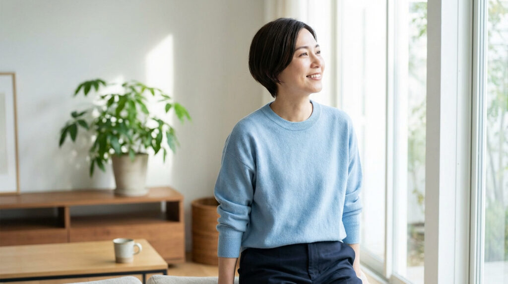 Femme aux cheveux courts, souriante, regarde vers l'extérieur par une grande fenêtre lumineuse. Elle est vêtue d'un pull bleu clair.