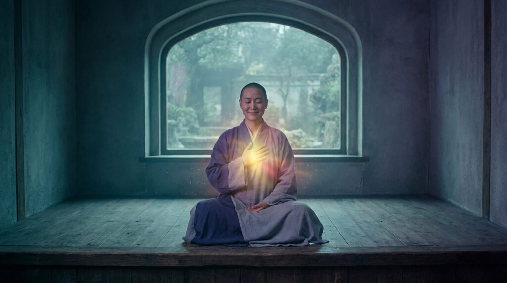 Personne méditant en position du lotus, les yeux clos et un sourire paisible. Une lumière chaude émane de sa poitrine, dans une pièce calme.