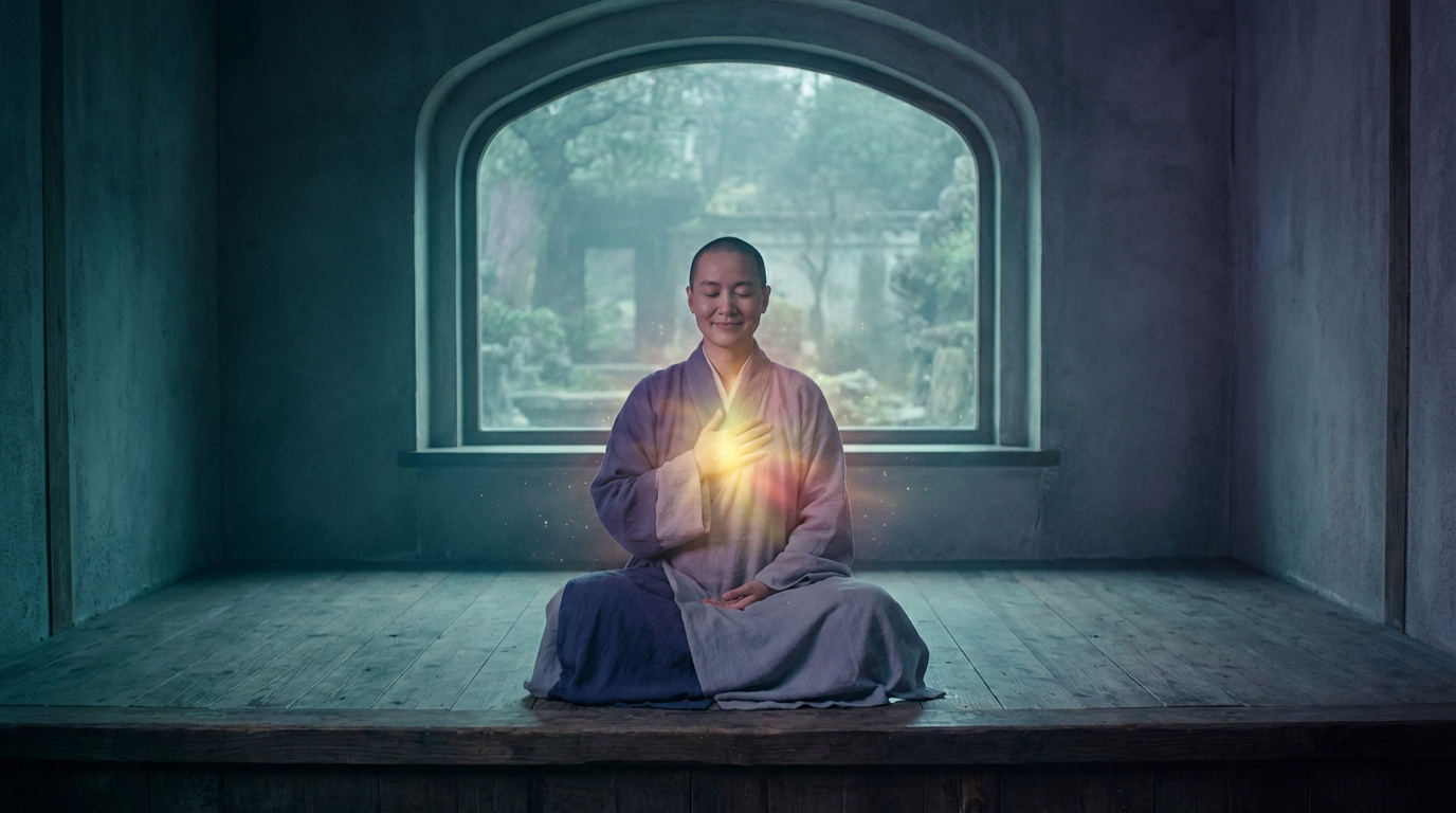 Personne méditant en position du lotus, les yeux clos et un sourire paisible. Une lumière chaude émane de sa poitrine, dans une pièce calme.