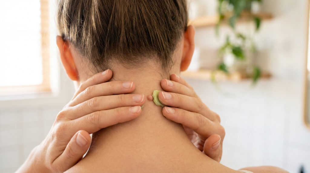 Personne appliquant une crème sur un gros bouton ou une excroissance sur la nuque, les mains entourant la zone.