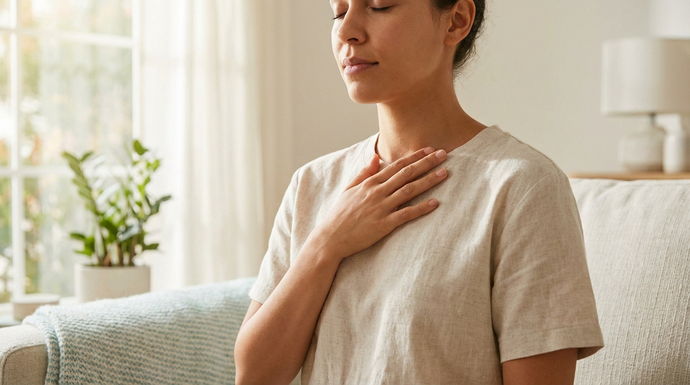 Femme aux yeux fermés, main sur la poitrine, respirant profondément. Ambiance calme et relaxante, soulagement de la douleur.