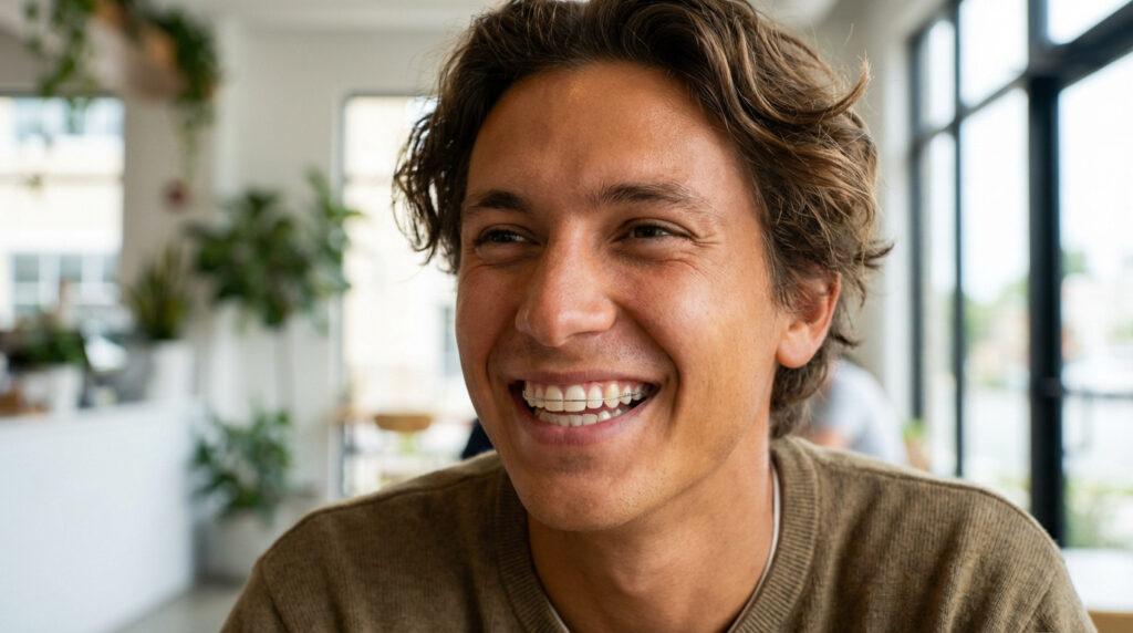 Gros plan sur un jeune homme souriant et confiant, montrant une barre de contention fixe sur ses dents inférieures.