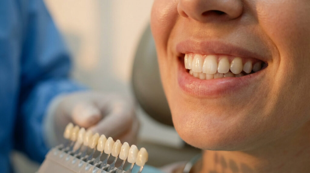 Vue rapprochée d'un sourire, avec un dentiste présentant un nuancier pour choisir la teinte d'une couronne dentaire.
