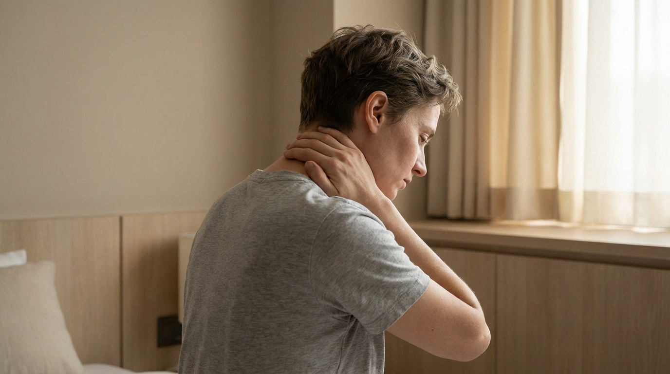Personne en t-shirt gris, le visage baissé, massant sa nuque et ses épaules avec les mains, suggérant une douleur ou une tension.