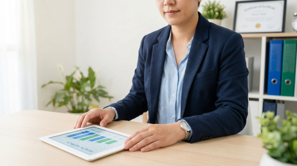 Personne en blazer analysant des graphiques de métriques de santé sur une tablette dans un bureau lumineux.