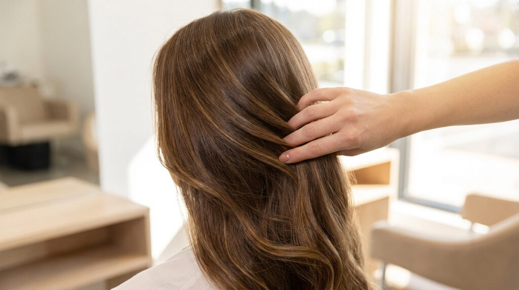 Vue de dos d'une femme aux longs cheveux bruns ondulés. Une main touche délicatement sa chevelure dans un salon de coiffure.