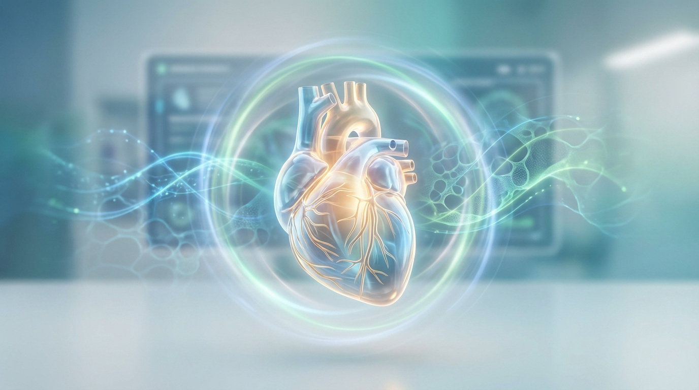 Représentation 3D stylisée d'un cœur humain lumineux, entouré d'anneaux et d'ondes énergétiques. Arrière-plan flou d'écrans médicaux.