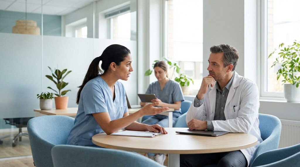 Deux soignants discutent activement à une table, tandis qu'une collègue utilise une tablette en arrière-plan dans un bureau lumineux.