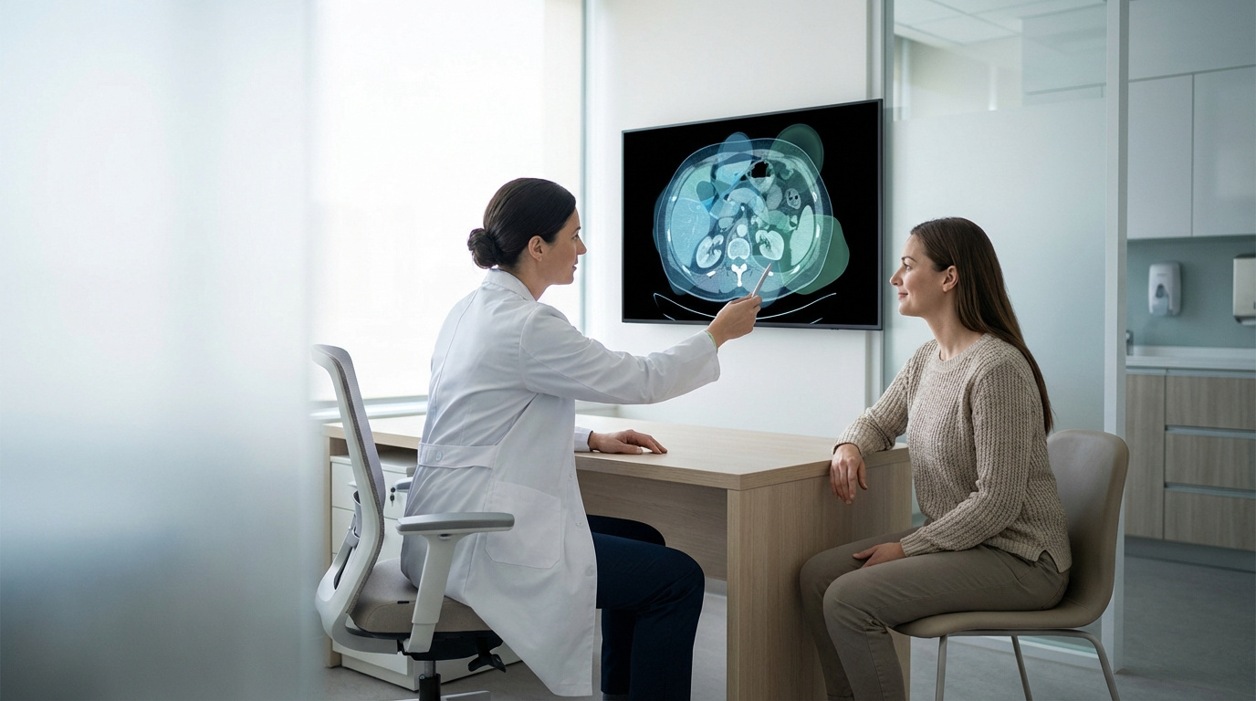 Médecin en blouse expliquant un scanner abdominal sur écran à une patiente attentive lors d'une consultation.