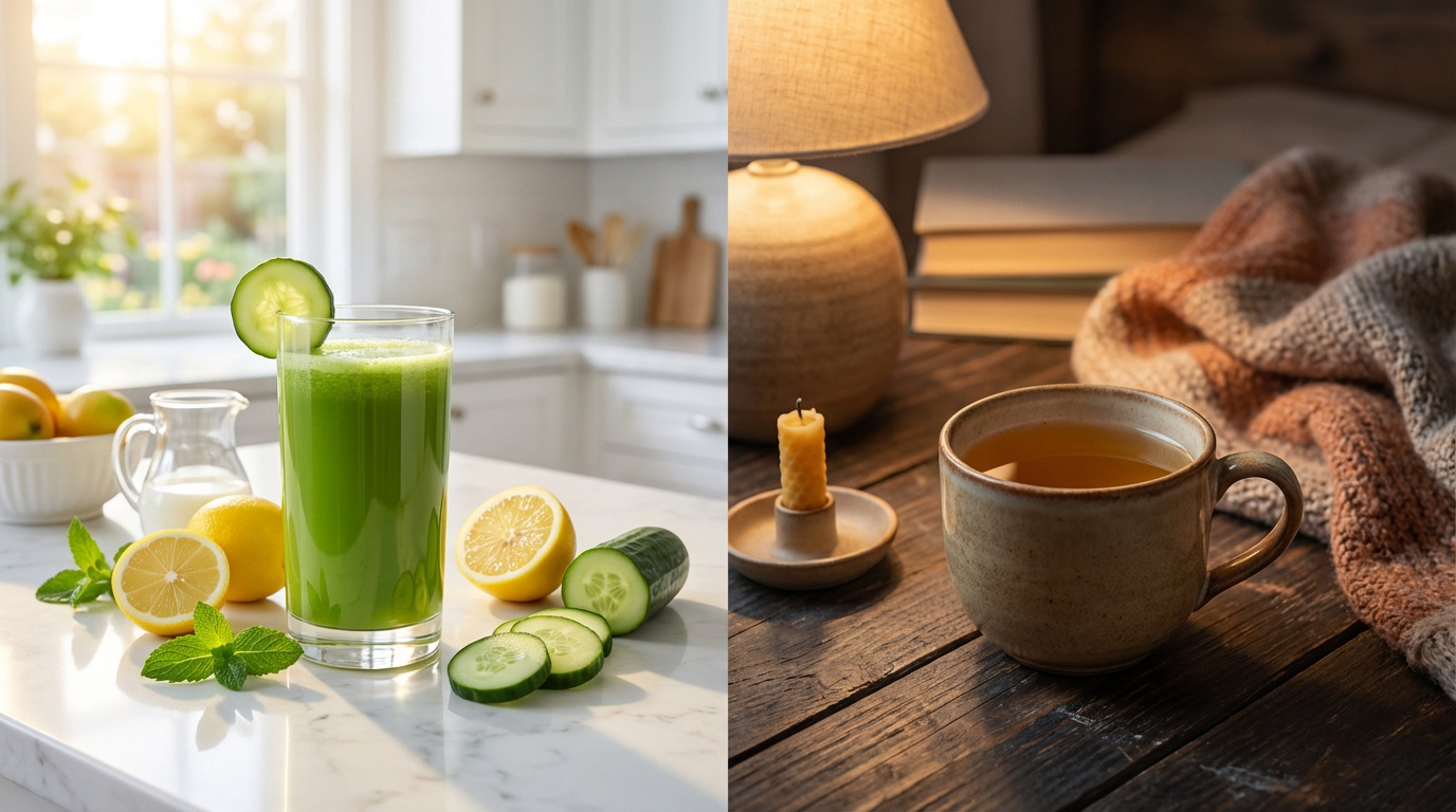 Scène divisée: à gauche, jus détox vert frais et agrumes en cuisine lumineuse; à droite, thé chaud, bougie et plaid cosy le soir.