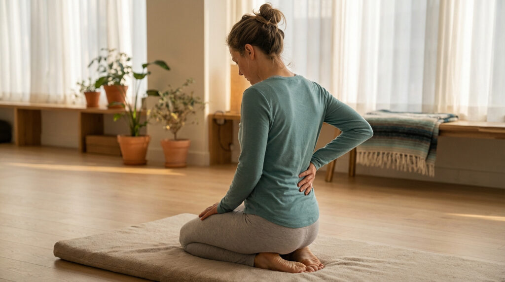 Femme agenouillée sur un tapis, main sur le bas du dos, indiquant une douleur lombaire. Ambiance calme et lumineuse.