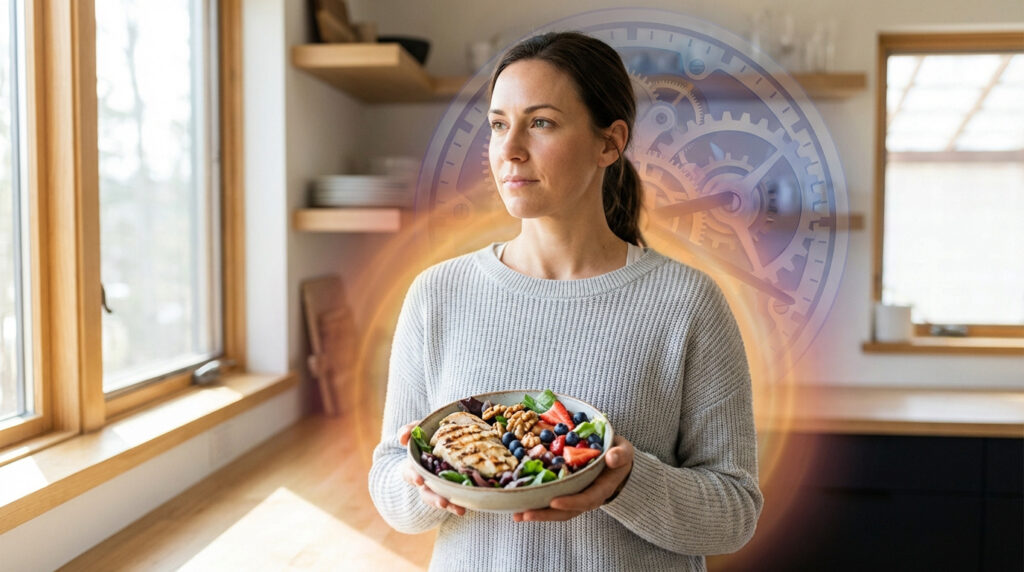 Une femme tient un bol de salade saine avec du poulet grillé et des baies, avec une horloge métabolique en arrière-plan.