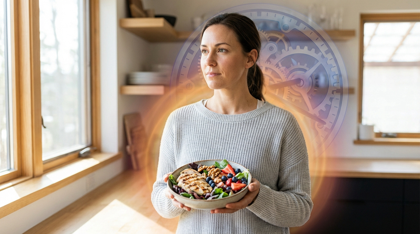 Une femme tient un bol de salade saine avec du poulet grillé et des baies, avec une horloge métabolique en arrière-plan.