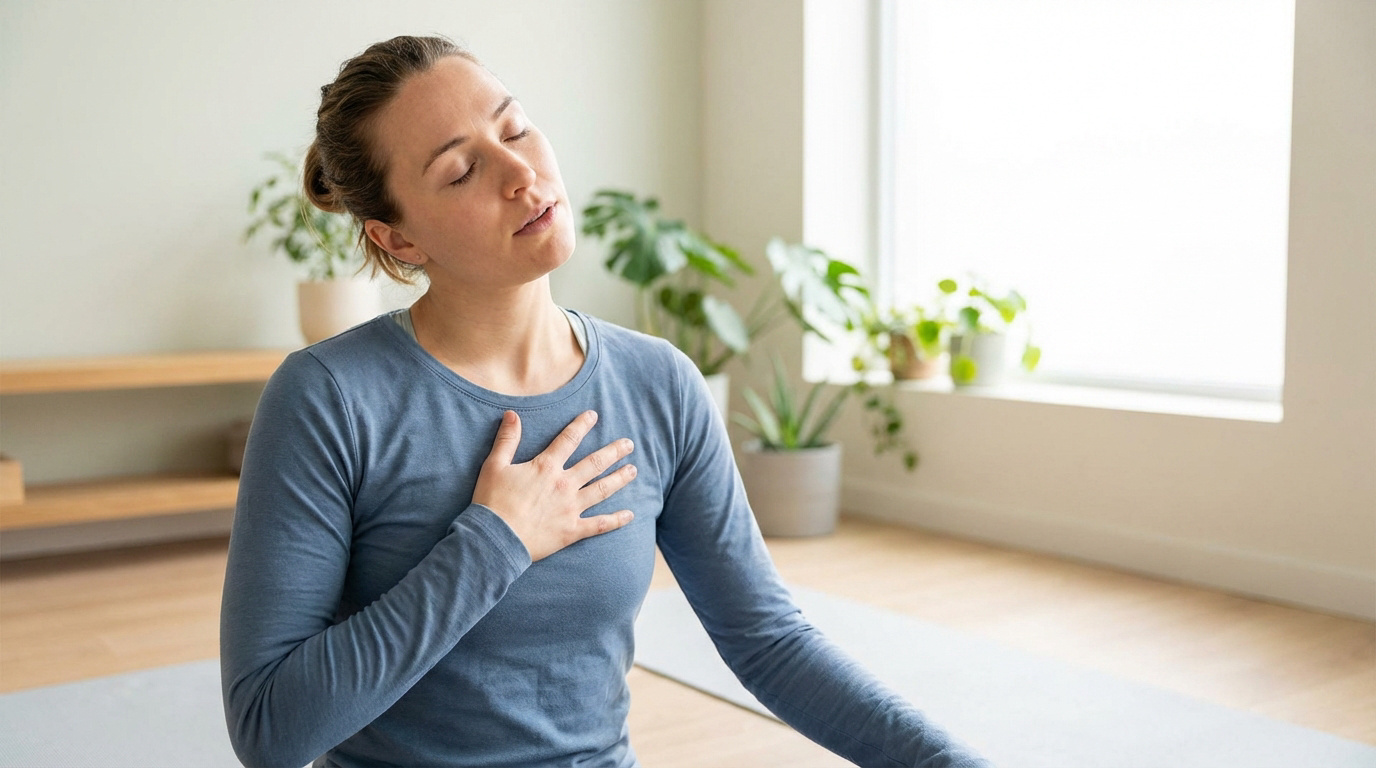 Une femme en tenue de sport étire doucement sa nuque, la tête penchée et les yeux fermés, une main sur sa poitrine, dans un intérieur clair.