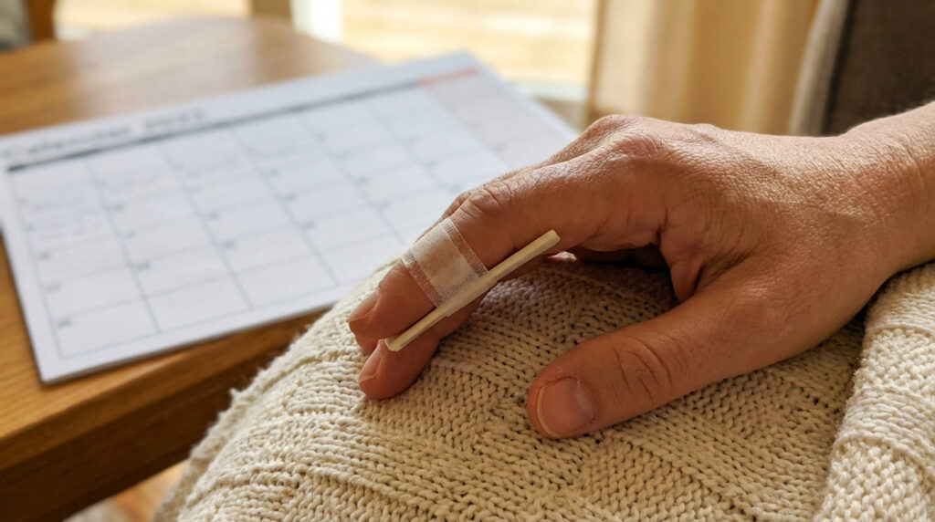 Une main avec attelle et pansement sur le doigt, posée sur une couverture tricotée, un calendrier en arrière-plan.