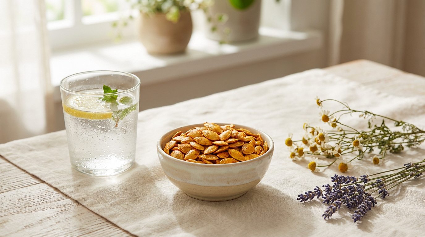 Verre d'eau pétillante citron-menthe, graines de courge, camomille et lavande sur une table. Scène naturelle et apaisante.