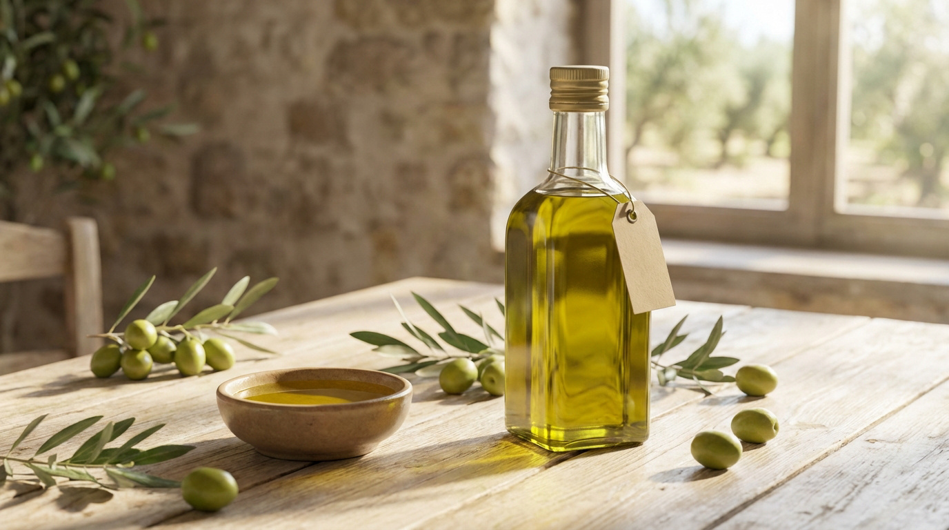 Bouteille d'huile d'olive vierge, bol d'huile et olives fraîches sur une table en bois rustique baignée de lumière naturelle.