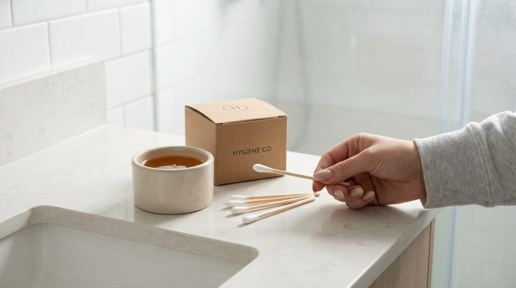 Une main tient un bâtonnet applicateur en bambou. Près d'un pot de cire tiède, des applicateurs et une boîte HYGIENE CO. sur un comptoir de salle de bain.
