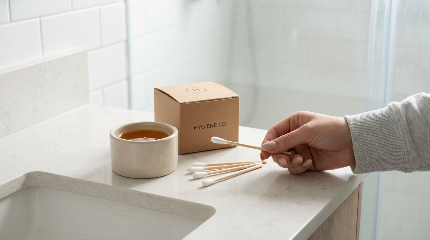Une main tient un bâtonnet applicateur en bambou. Près d'un pot de cire tiède, des applicateurs et une boîte HYGIENE CO. sur un comptoir de salle de bain.