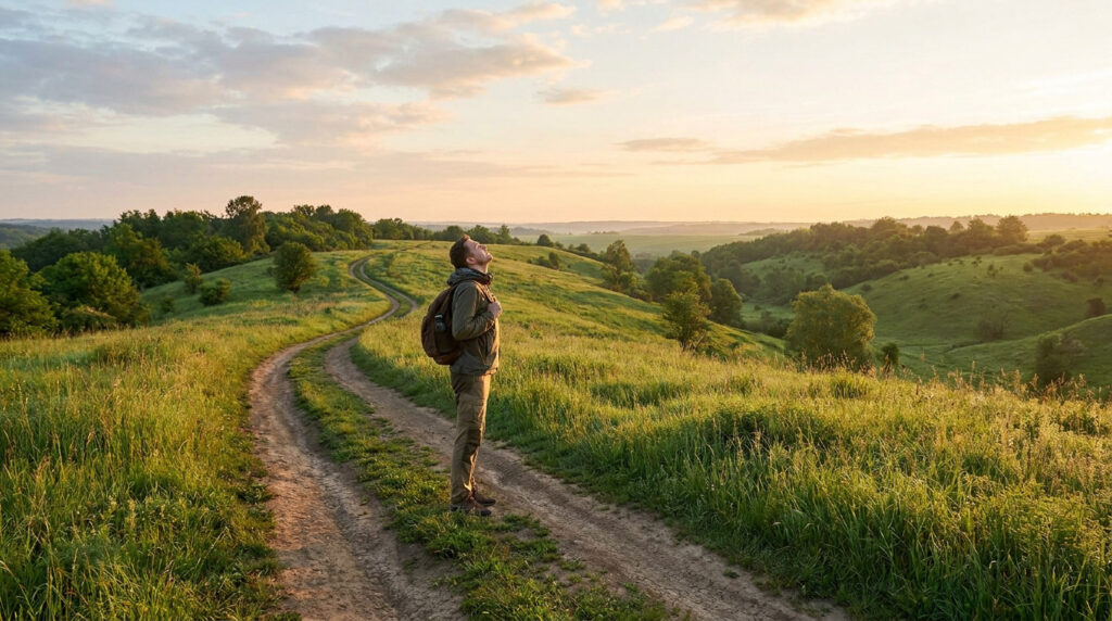 Homme avec sac à dos sur un chemin sinueux dans un paysage vallonné verdoyant au coucher du soleil, regardant vers le ciel.