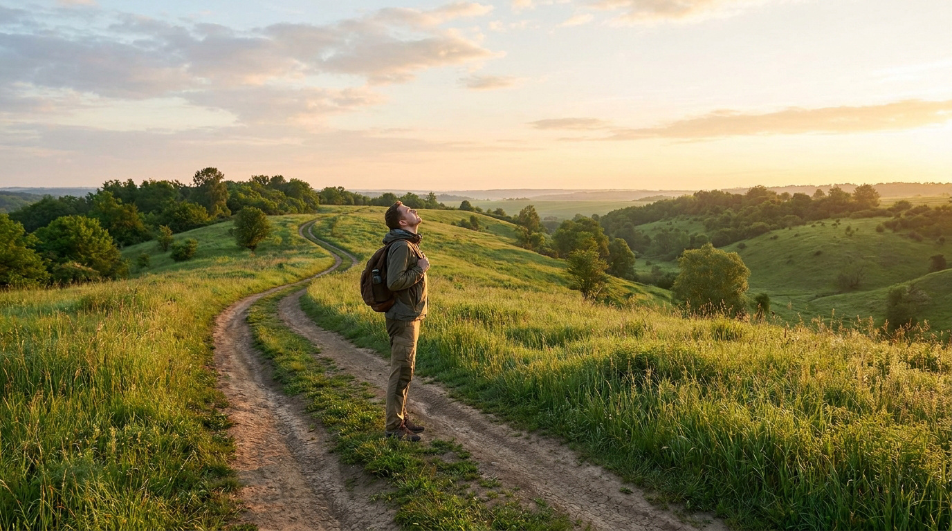 Homme avec sac à dos sur un chemin sinueux dans un paysage vallonné verdoyant au coucher du soleil, regardant vers le ciel.