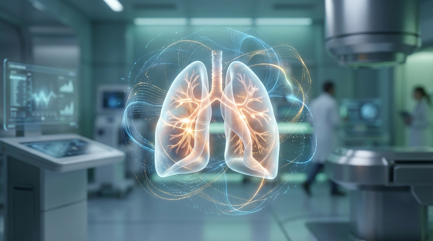 Modèle 3D lumineux de poumons avec arborescence bronchique. Cadre médical high-tech avec écrans et personnel. Imagerie avancée.