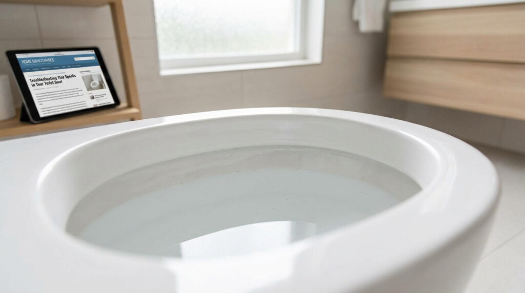 Cuvette de toilettes blanches avec des débris noirs. Une tablette en arrière-plan affiche un article sur les problèmes de cuvette.