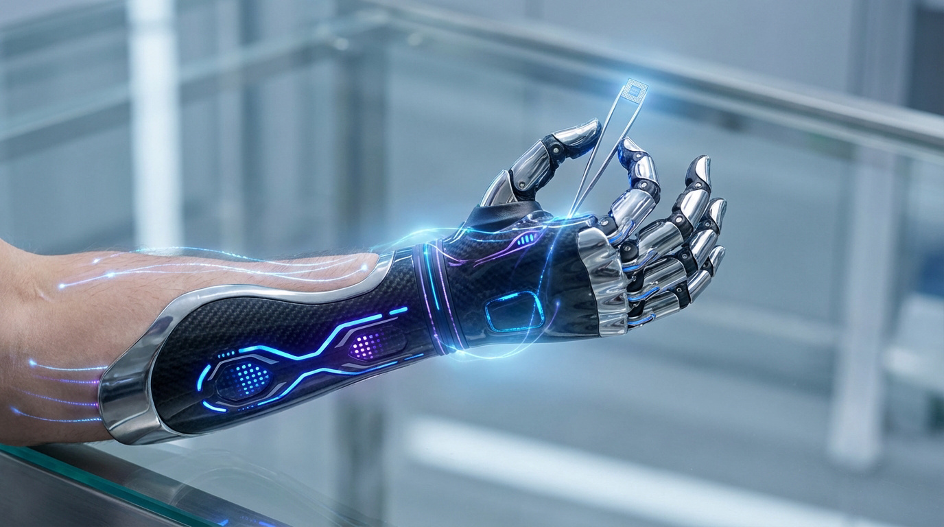 Gros plan sur une prothèse neuroélectrique bionique futuriste, connectée à un bras, tenant une puce. Des lumières bleues indiquent l'activité.
