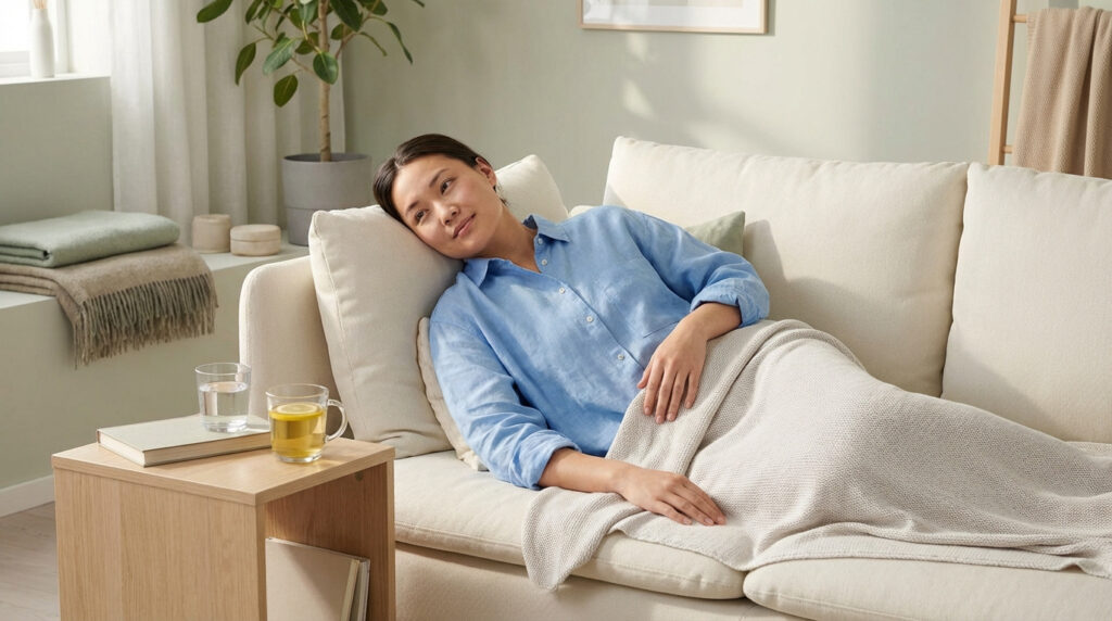 Femme se reposant sur un canapé, couverte d'un plaid, avec de l'eau et une tisane. Scène de confort et de récupération.