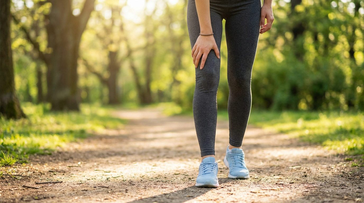 Une personne en tenue de sport se tient le genou sur un sentier boisé, suggérant douleur ou période de récupération après une infiltration.