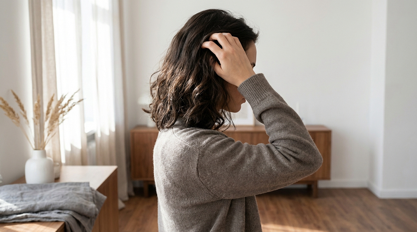 Femme aux cheveux bruns ondulés, vue de profil, se touche la tête, l'air soucieux dans un intérieur lumineux. Image liée à la perte de cheveux.