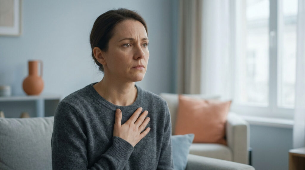 Une femme d'âge moyen, le visage anxieux et la main sur la poitrine, assise sur un canapé, pourrait avoir une crise d'angoisse ou cardiaque.