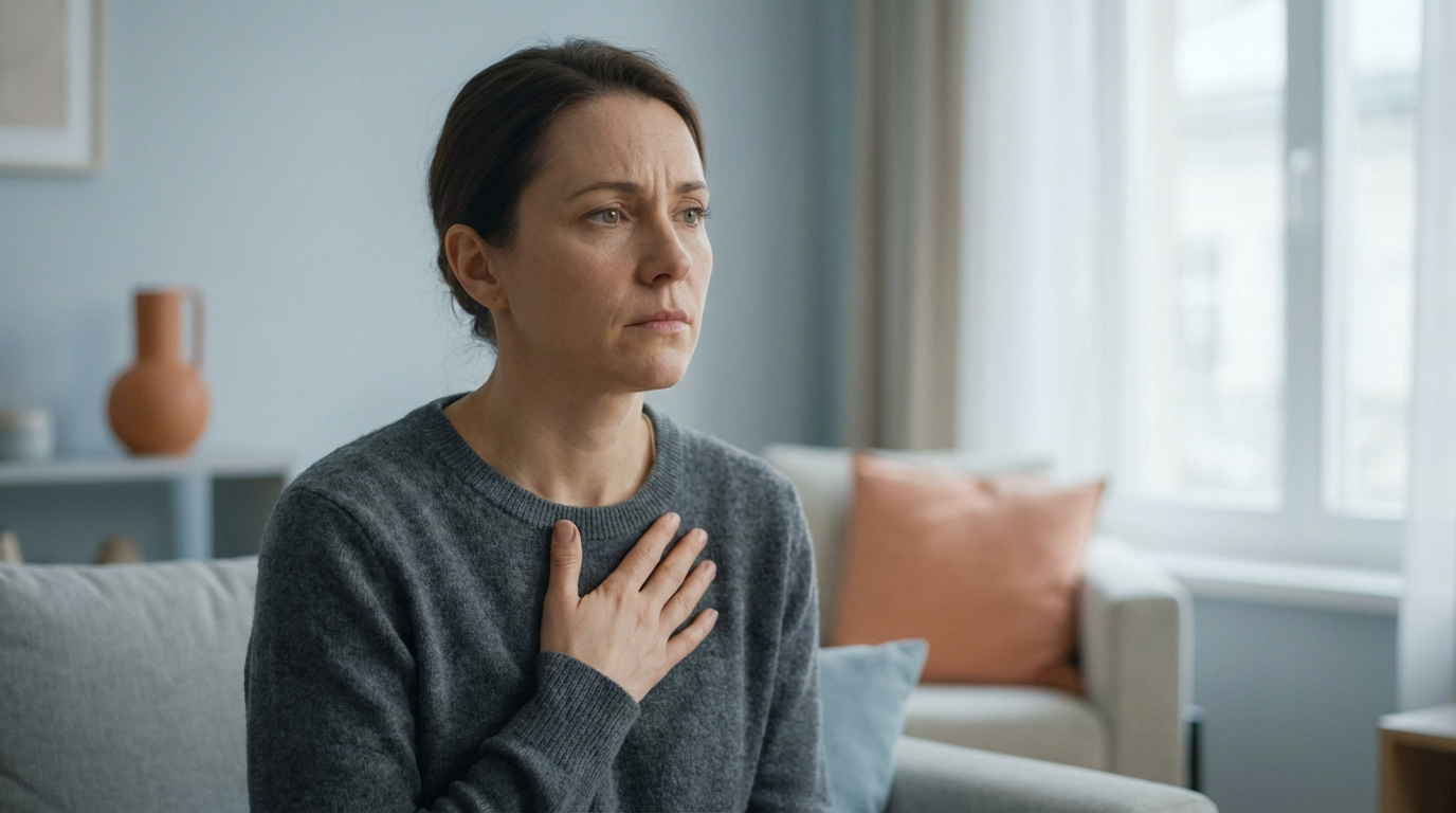 Une femme d'âge moyen, le visage anxieux et la main sur la poitrine, assise sur un canapé, pourrait avoir une crise d'angoisse ou cardiaque.