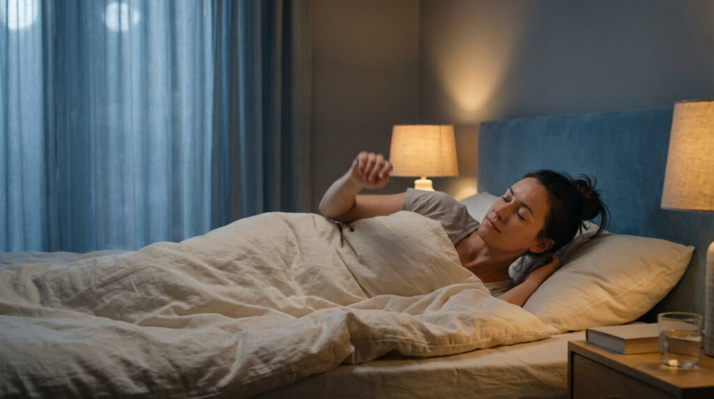 Une femme allongée dans son lit, les yeux fermés, le bras légèrement levé, comme si elle était sur le point de s'éveiller ou venait de bouger.