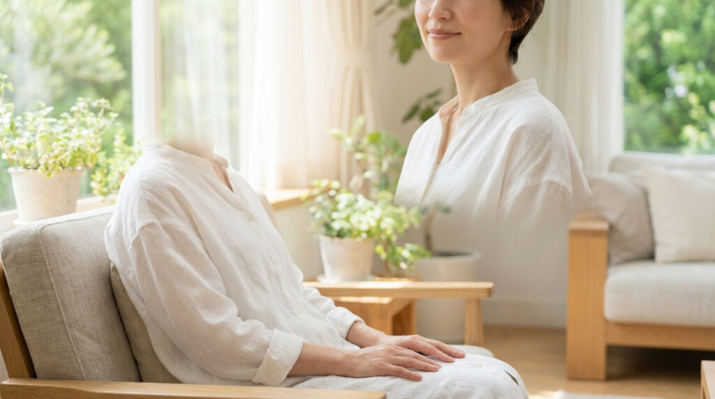 Femme en deux images: une assise, visage flou; l'autre superposée, souriante. Représente le passage de l'irritation au soulagement.