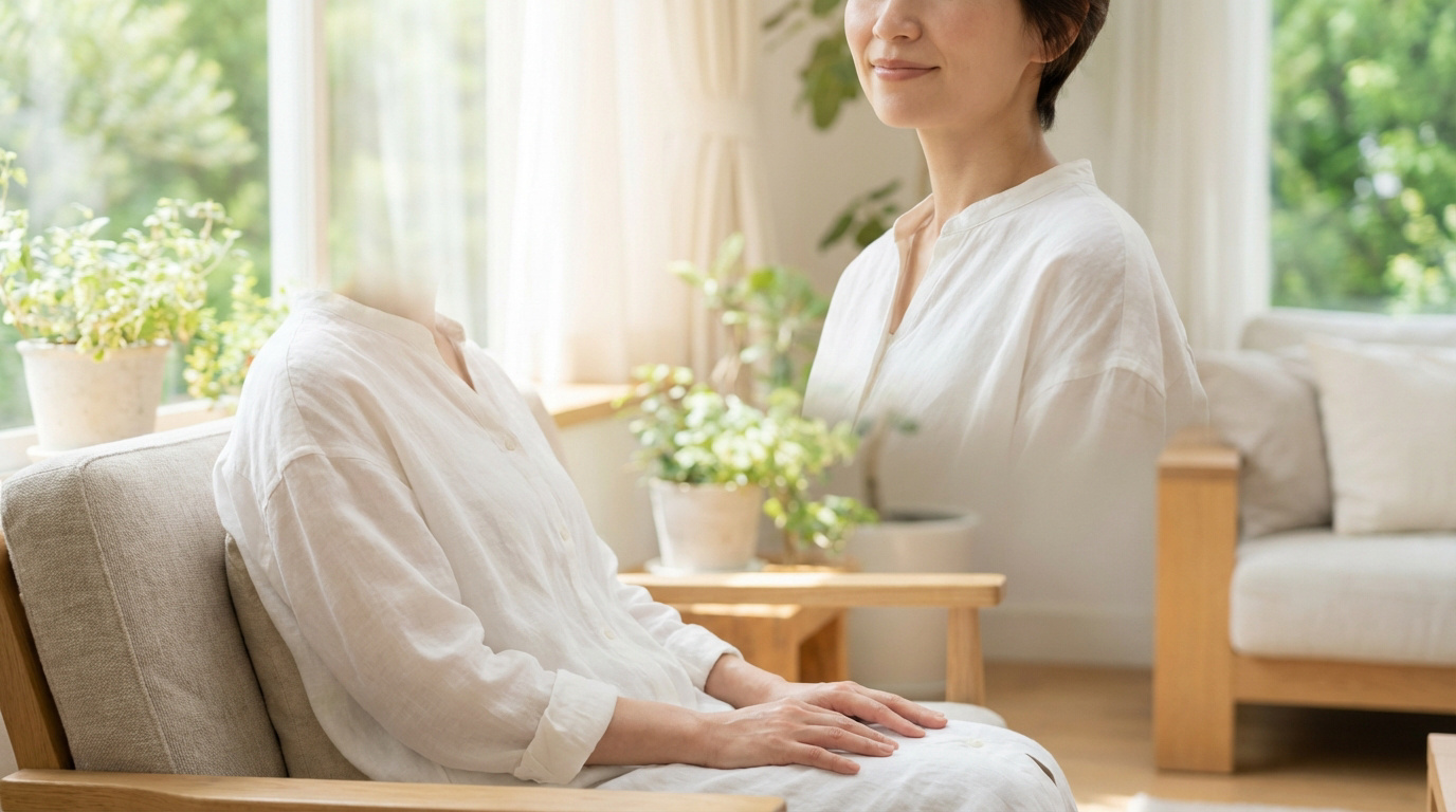 Femme en deux images: une assise, visage flou; l'autre superposée, souriante. Représente le passage de l'irritation au soulagement.
