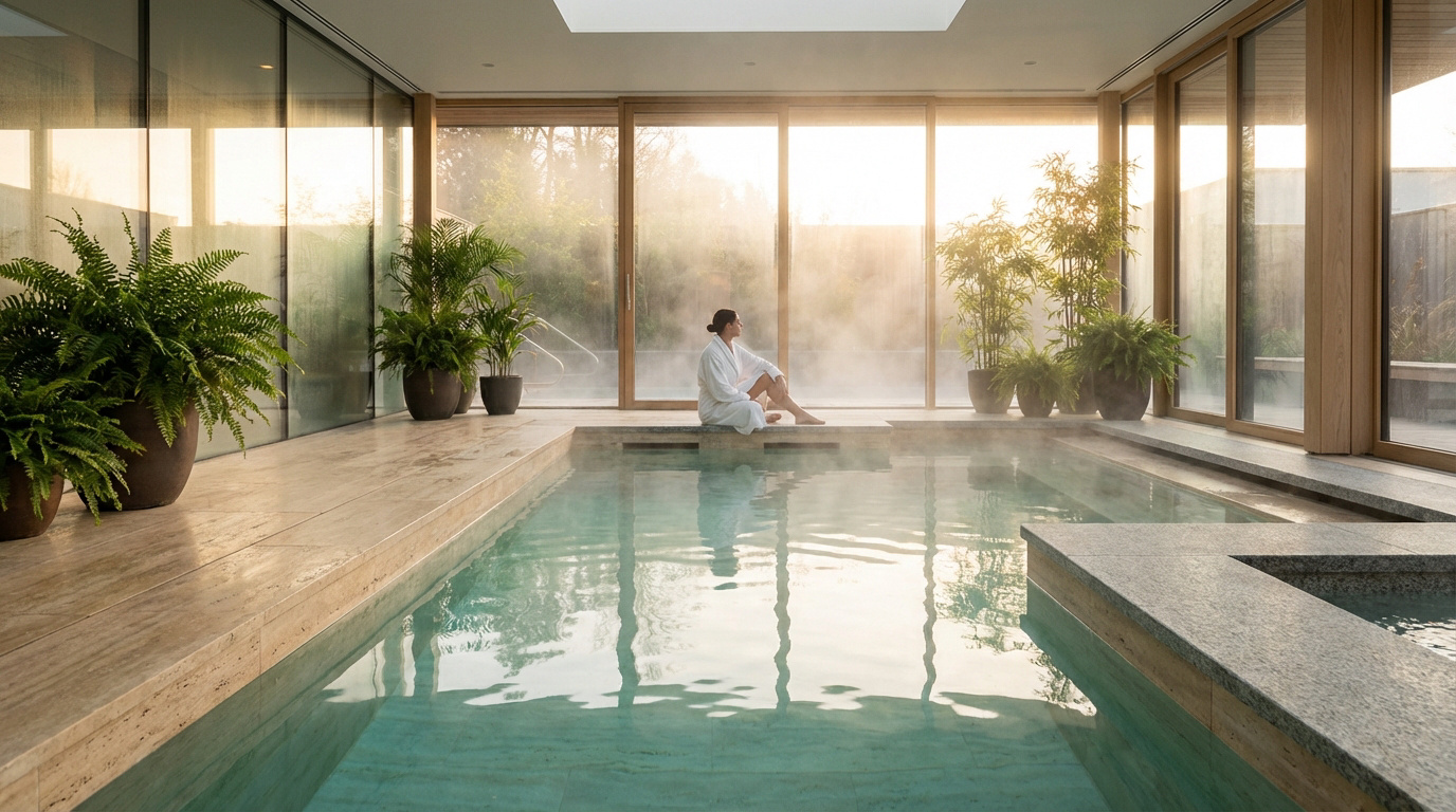 Femme en peignoir blanc assise paisiblement au bord d'une piscine intérieure chauffée, entourée de plantes et de lumière douce.