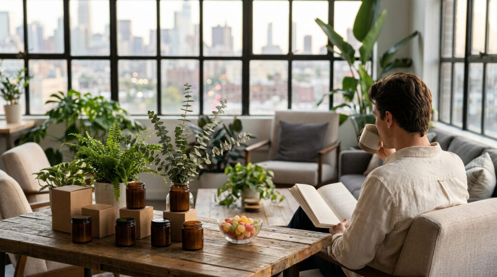 Un homme lit et boit dans un loft moderne. Table avec plantes, bocaux ambrés, bonbons et vue sur la ville en arrière-plan.