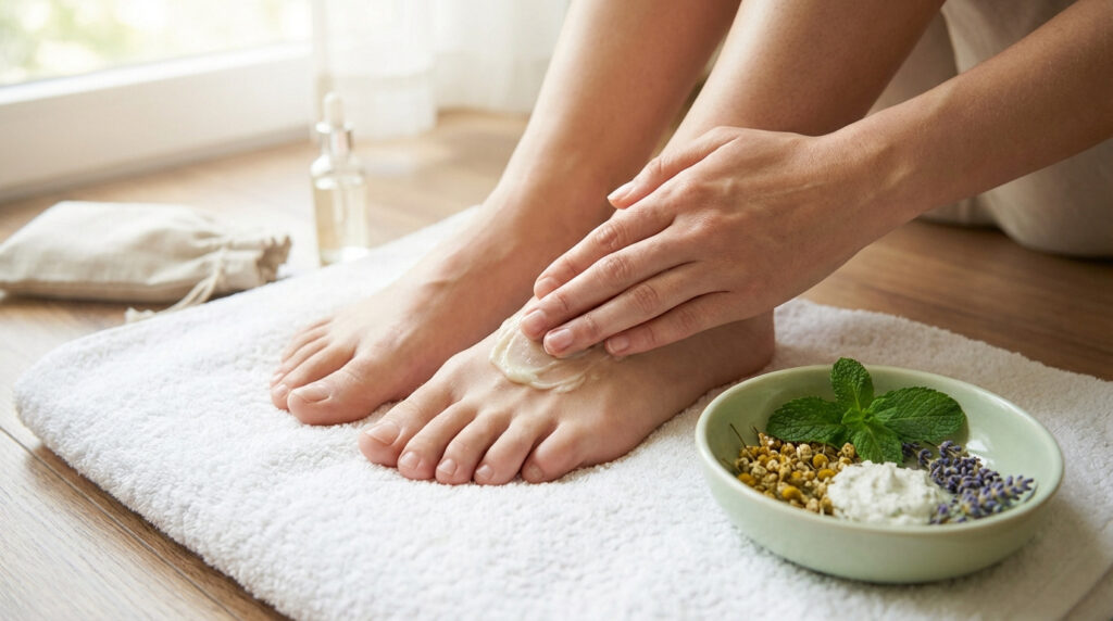 Personne appliquant une crème naturelle sur son pied, avec des herbes (menthe, camomille, lavande) et une huile essentielle.