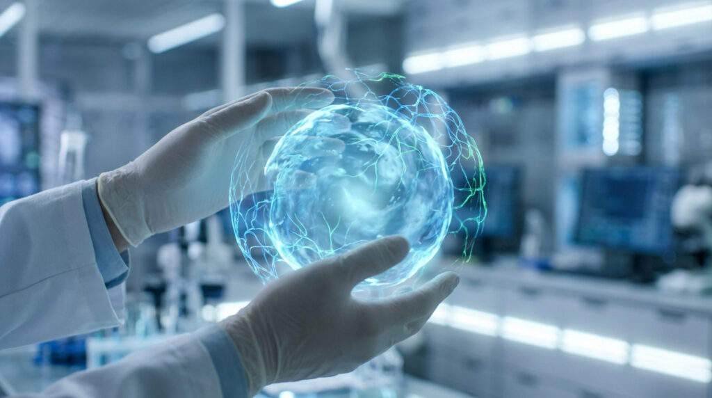 Mains gantées de scientifique tenant une sphère lumineuse bleue avec un réseau énergétique dans un labo high-tech.