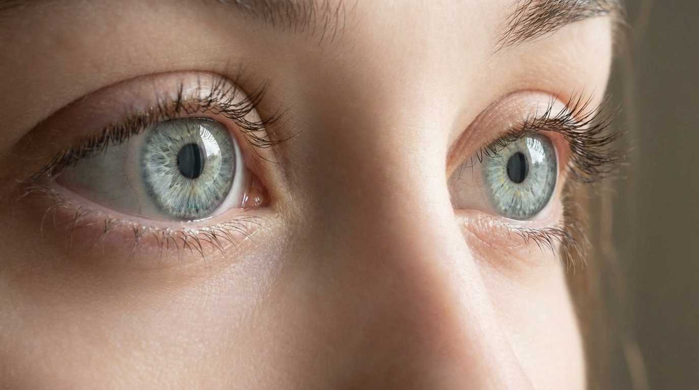 Gros plan sur deux yeux clairs. Les iris sont d'un vert-bleu lumineux, entourés de cils foncés et d'une peau douce.