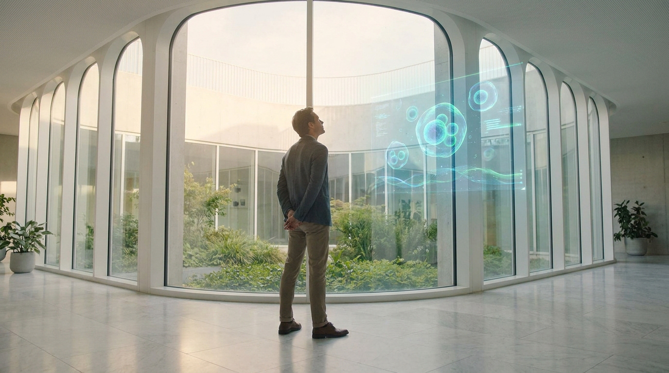 Homme regarde une interface holographique de cellules biologiques sur une fenêtre d'un bâtiment moderne, suggérant recherche médicale.