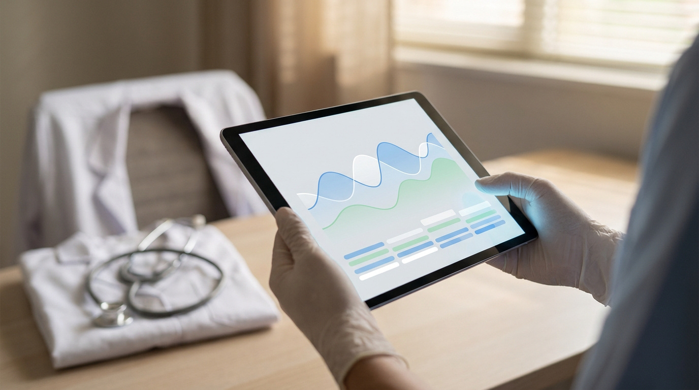 Personne en gants médicaux examine des graphiques de santé sur une tablette numérique, stéthoscope à côté.