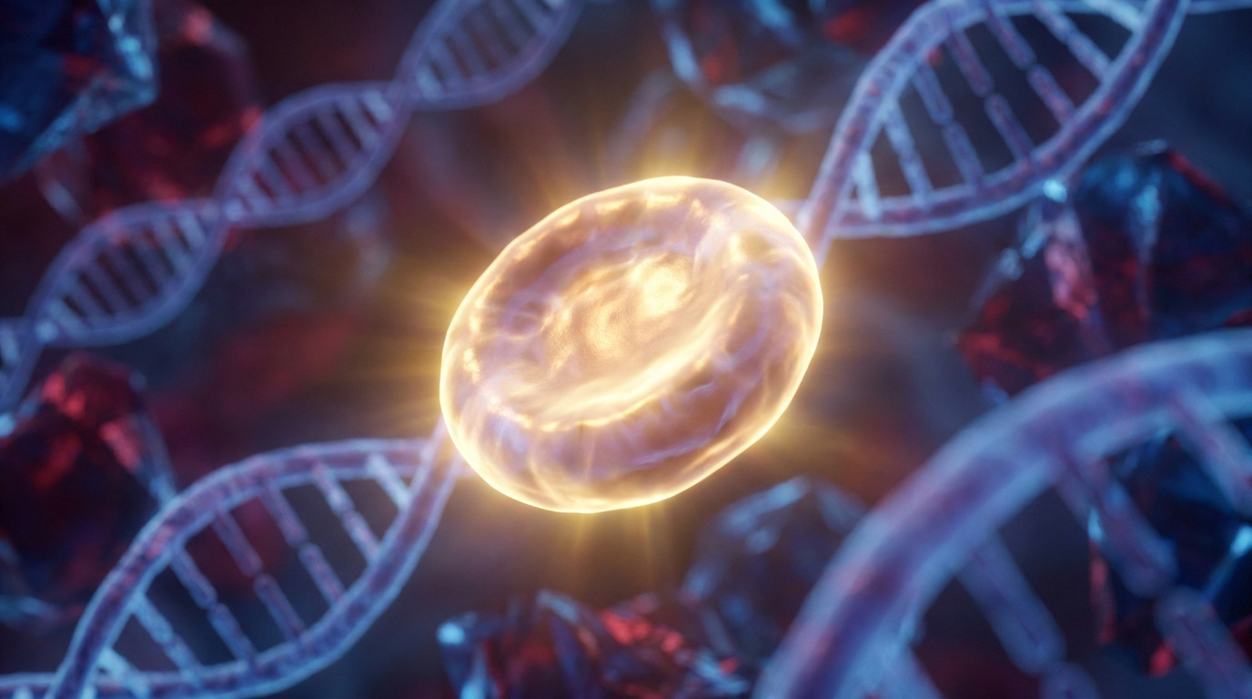 Illustration 3D d'une cellule sanguine lumineuse au centre, entourée de brins d'ADN bleus et de débris cellulaires sombres.