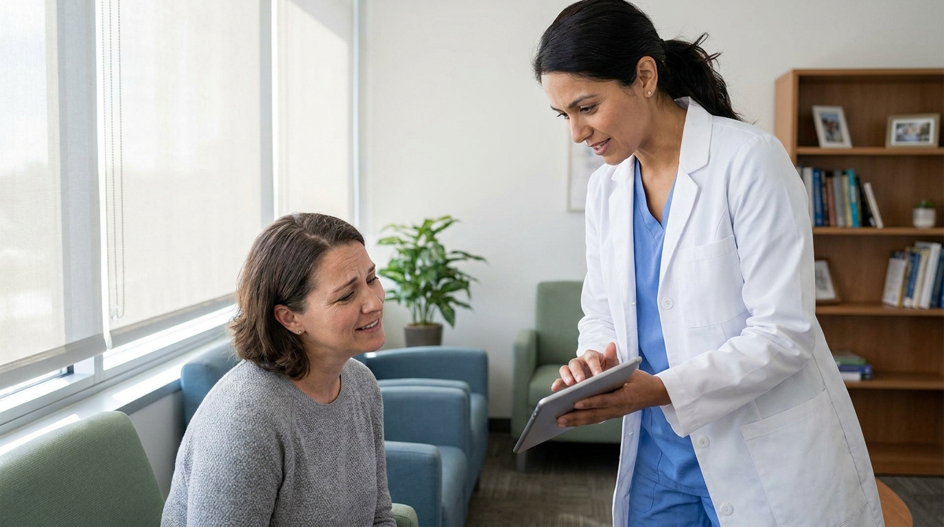 Une médecin explique des informations sur une tablette à une patiente attentive dans une salle de consultation moderne.