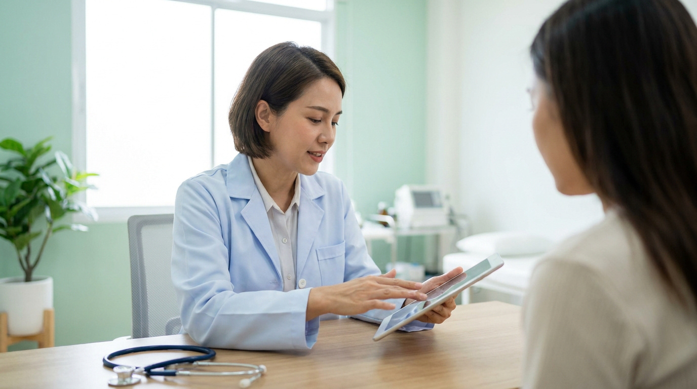 Docteure montre des infos sur tablette à une patiente lors d'une consultation médicale. Stéthoscope sur le bureau.