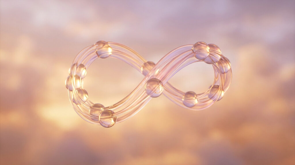 Symbole de l'infini en verre et sphères, sur fond flou de nuages aux teintes roses et oranges, évoquant un cycle doux.