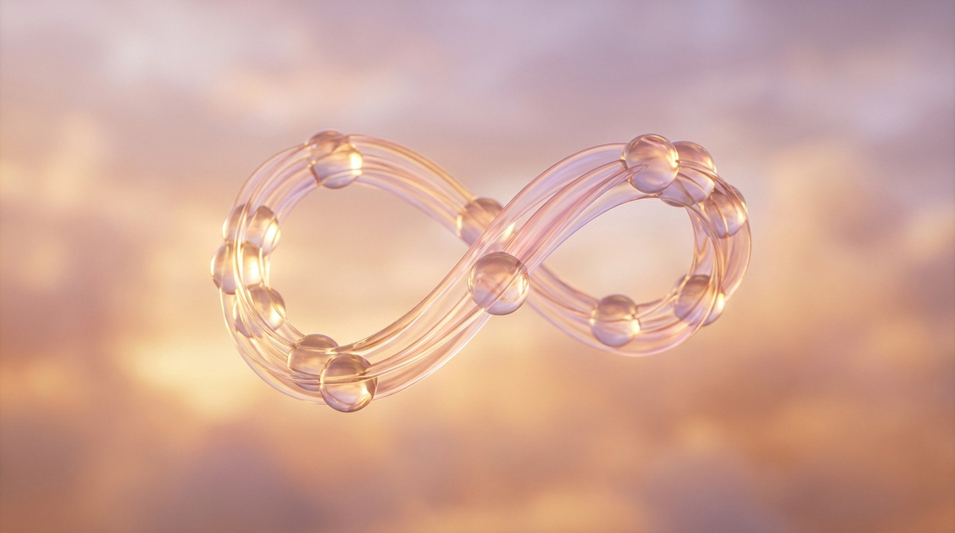 Symbole de l'infini en verre et sphères, sur fond flou de nuages aux teintes roses et oranges, évoquant un cycle doux.