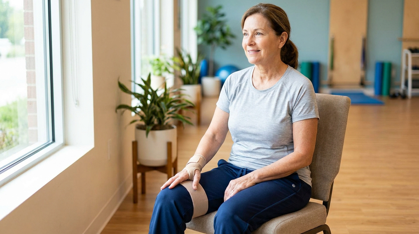 Femme d'âge mûr souriante, assise avec une bande de rééducation au genou et une attelle au poignet, dans une salle de physiothérapie.